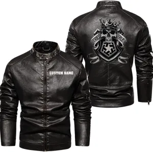 Royal Skull with Crown and Shield Emblem for Motorcycle Riders, Personalized Mens PU Leather Vest Coat Custom Jacket