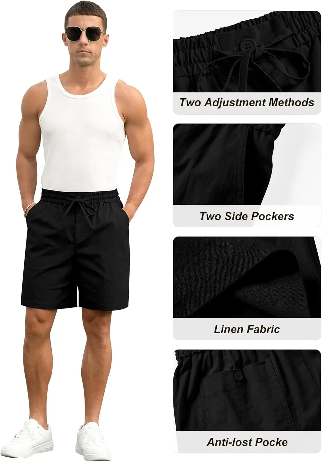 RQP Mens Cotton Linen Shorts Casual Drawstring 7inch Inseam Shorts Stretch Summer Beach Wear