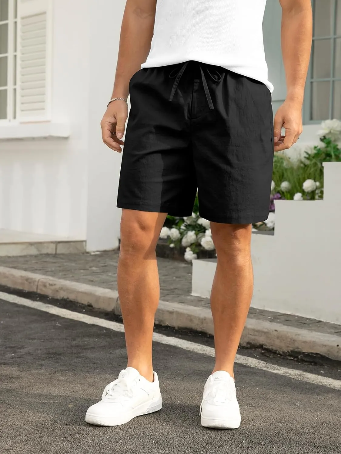 RQP Mens Cotton Linen Shorts Casual Drawstring 7inch Inseam Shorts Stretch Summer Beach Wear