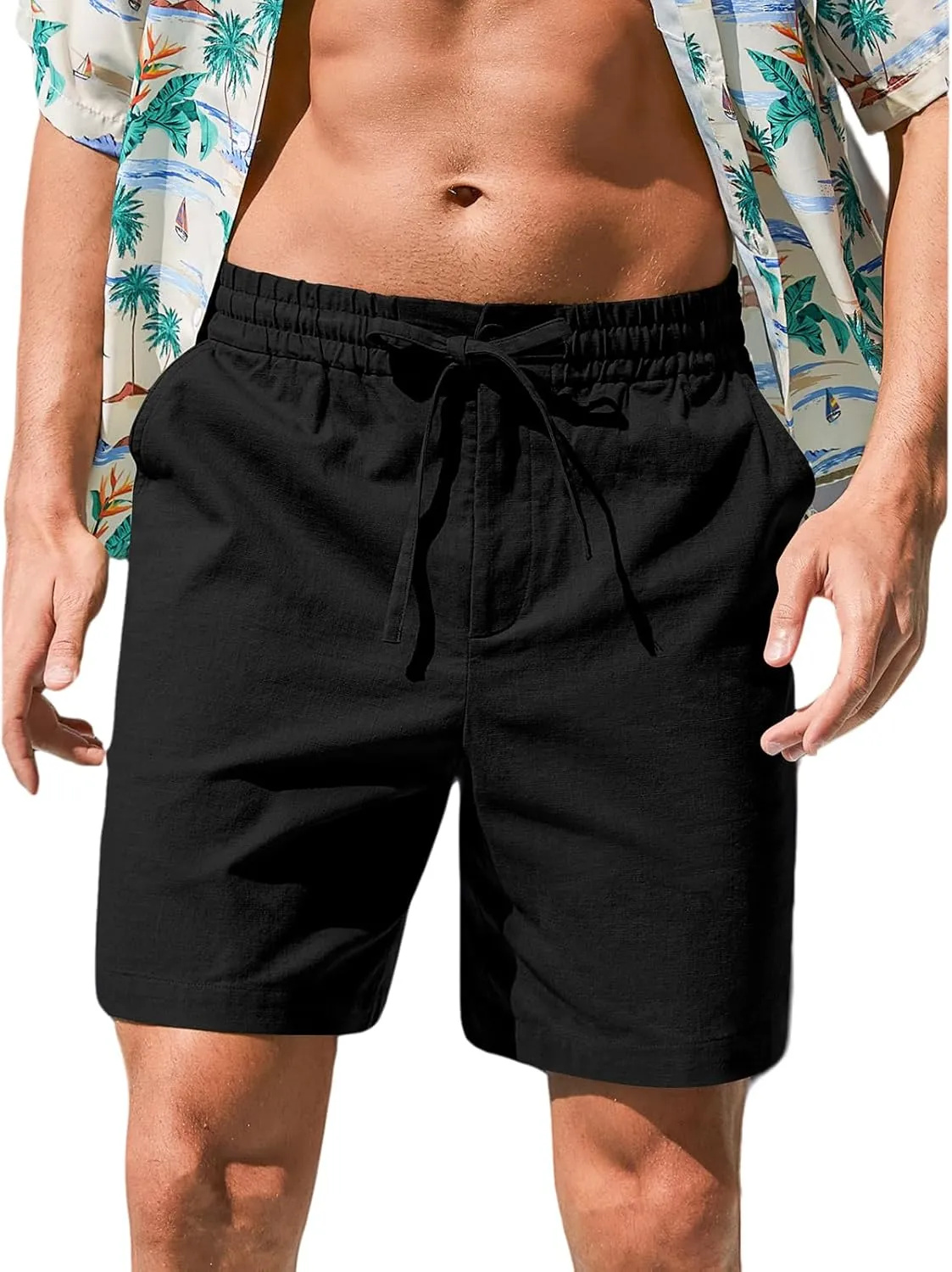 RQP Mens Cotton Linen Shorts Casual Drawstring 7inch Inseam Shorts Stretch Summer Beach Wear