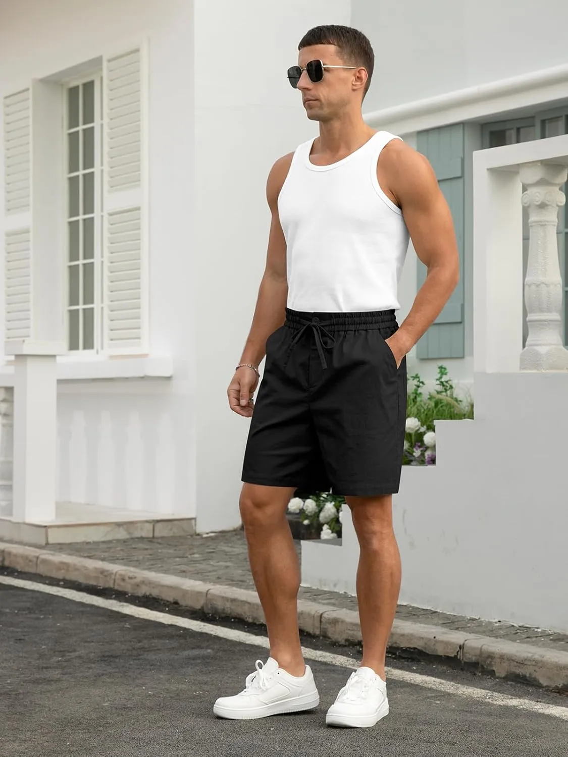 RQP Mens Cotton Linen Shorts Casual Drawstring 7inch Inseam Shorts Stretch Summer Beach Wear