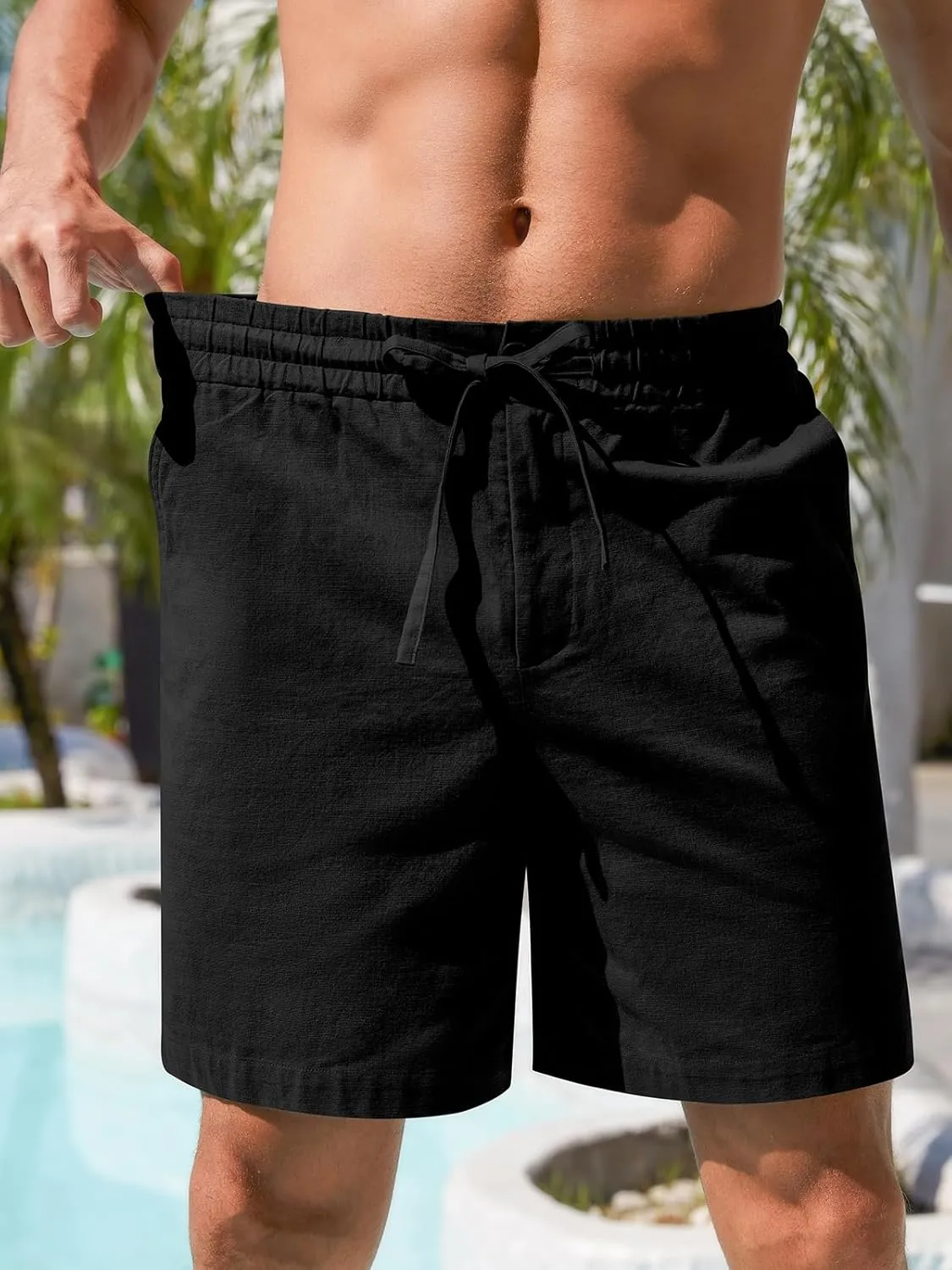 RQP Mens Cotton Linen Shorts Casual Drawstring 7inch Inseam Shorts Stretch Summer Beach Wear