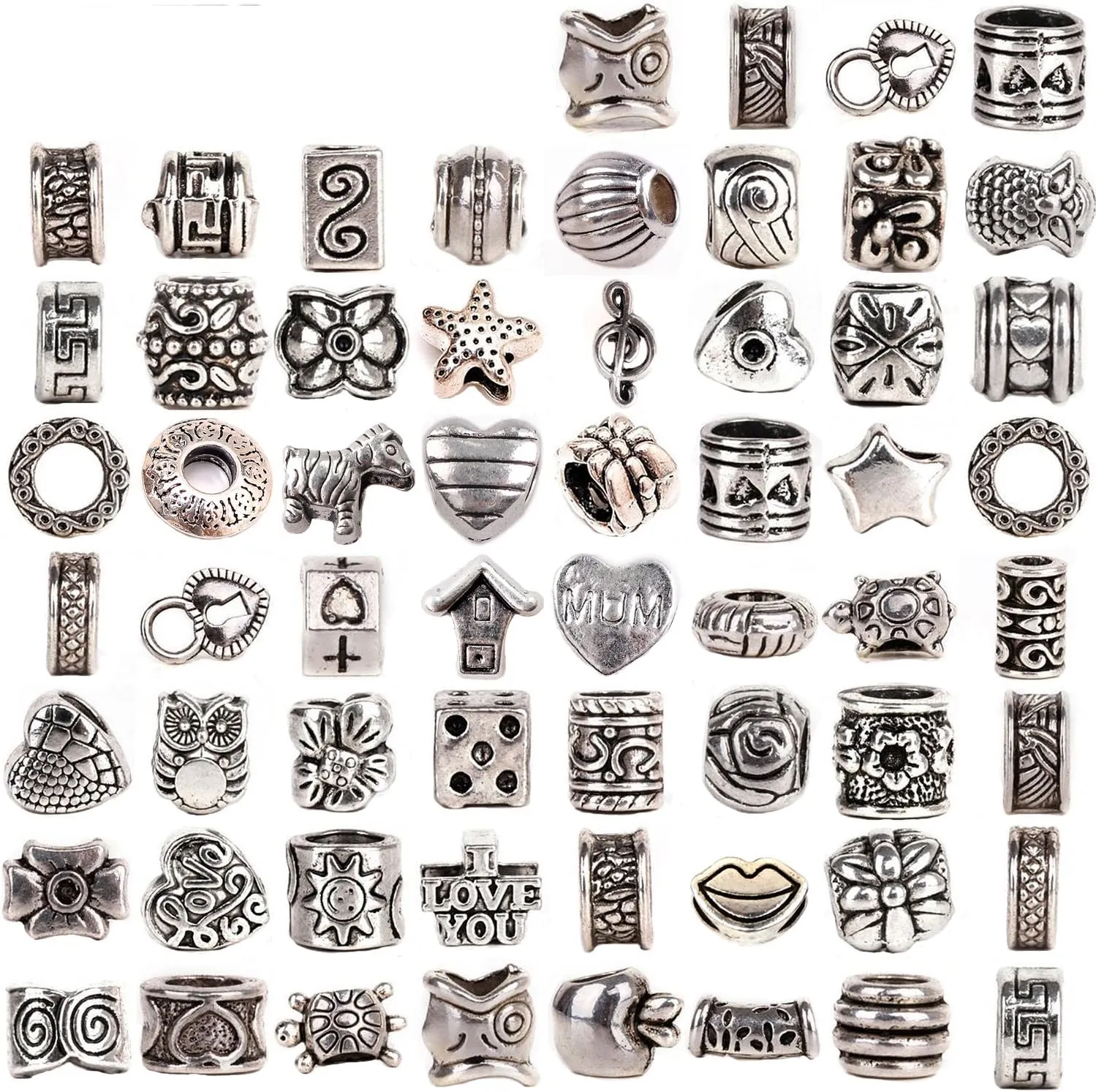 RUBYCA Tibetan Silver Tone Color Spacer Loose Beads Fit European Charm Bracelet Mix 120 Pcs Lot for DIY