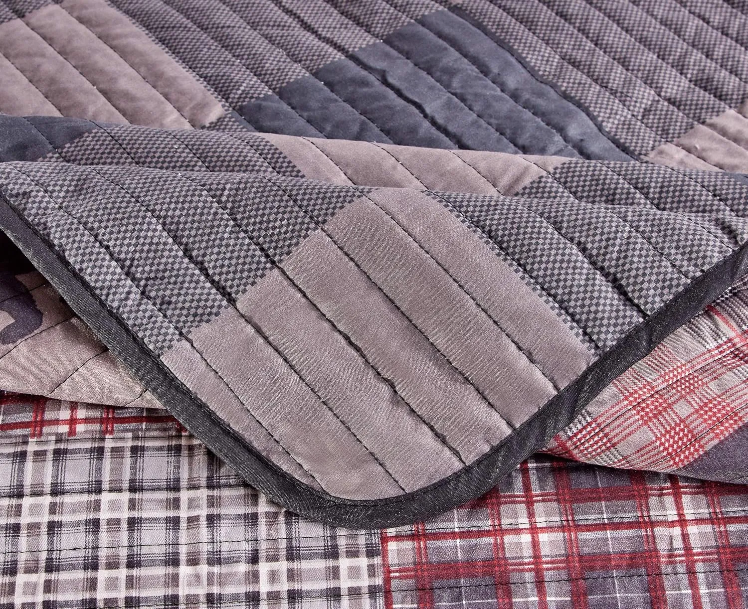 Rugs 4 Less Rustic Log Cabin Lodge Quilted Grey Charcoal Deep Red Reversible Plaid Bear Patchwork Bedspread Coverlet Bedding Set - Plaid Bear (Full Queen),Grey,red