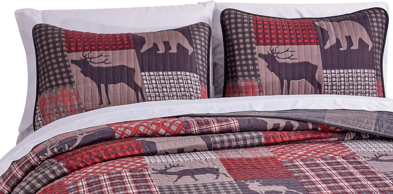 Rugs 4 Less Rustic Log Cabin Lodge Quilted Grey Charcoal Deep Red Reversible Plaid Bear Patchwork Bedspread Coverlet Bedding Set - Plaid Bear (Full Queen),Grey,red