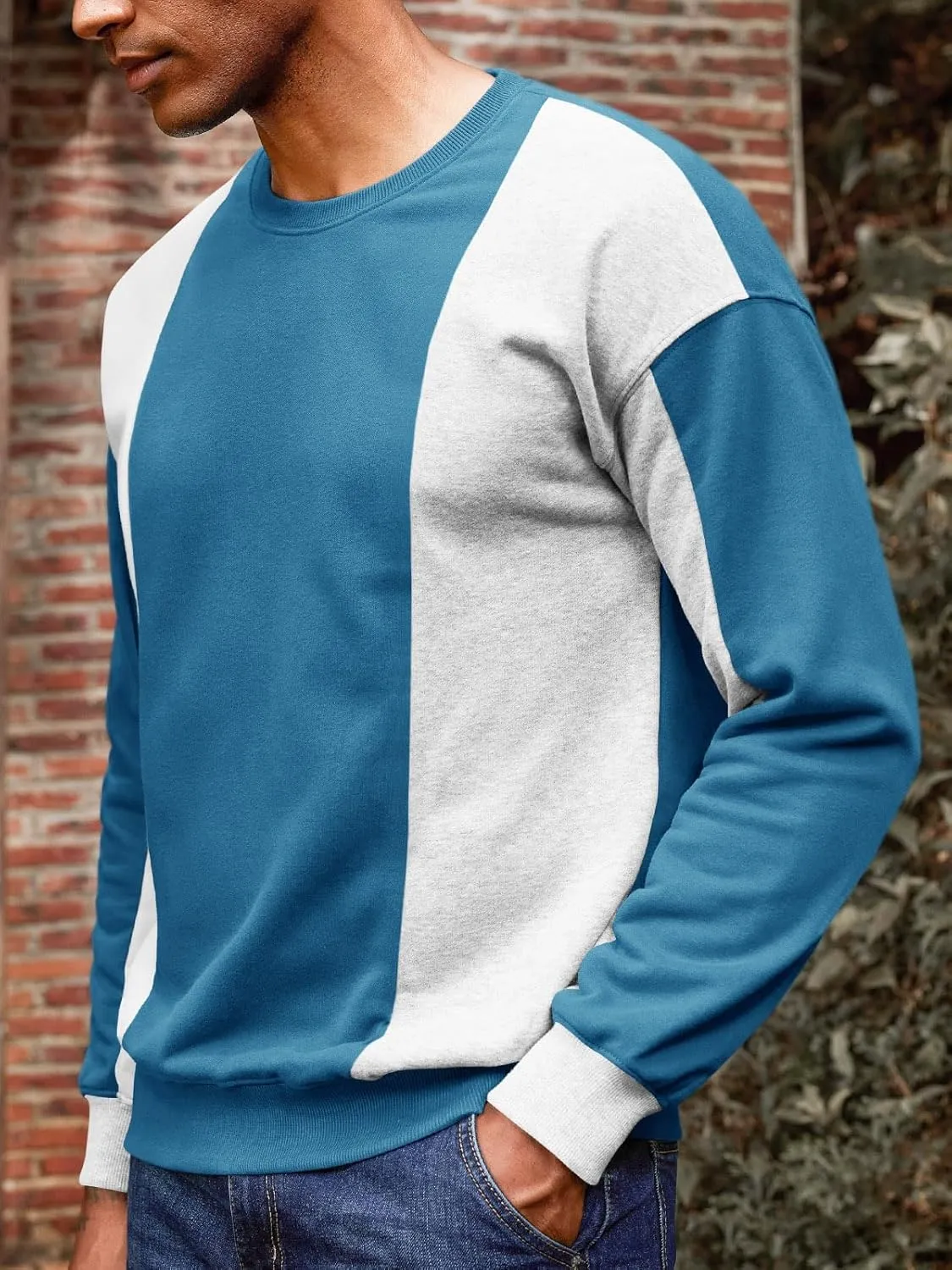 Runcati Mens Color Block Sweatshirt Pullover Crewneck Long Sleeve Fleece Casual Ribbed Patchwork Fall Tops