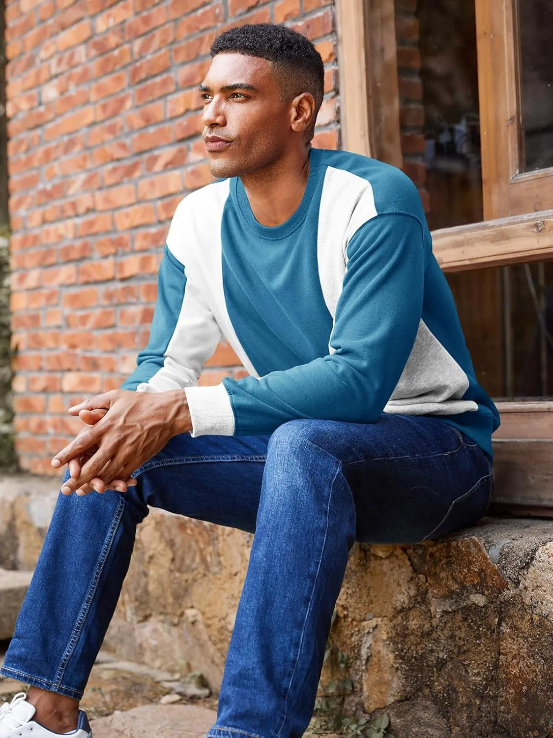 Runcati Mens Color Block Sweatshirt Pullover Crewneck Long Sleeve Fleece Casual Ribbed Patchwork Fall Tops
