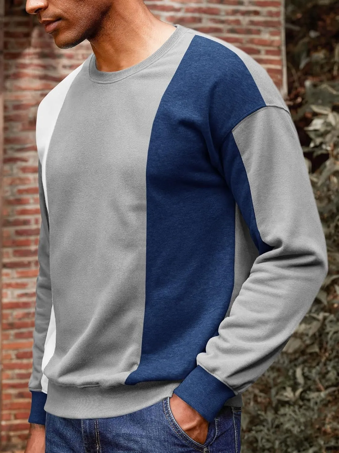 Runcati Mens Color Block Sweatshirt Pullover Crewneck Long Sleeve Fleece Casual Ribbed Patchwork Fall Tops