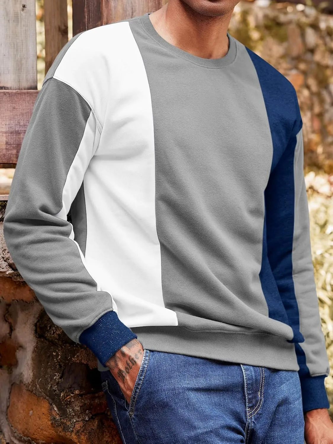 Runcati Mens Color Block Sweatshirt Pullover Crewneck Long Sleeve Fleece Casual Ribbed Patchwork Fall Tops