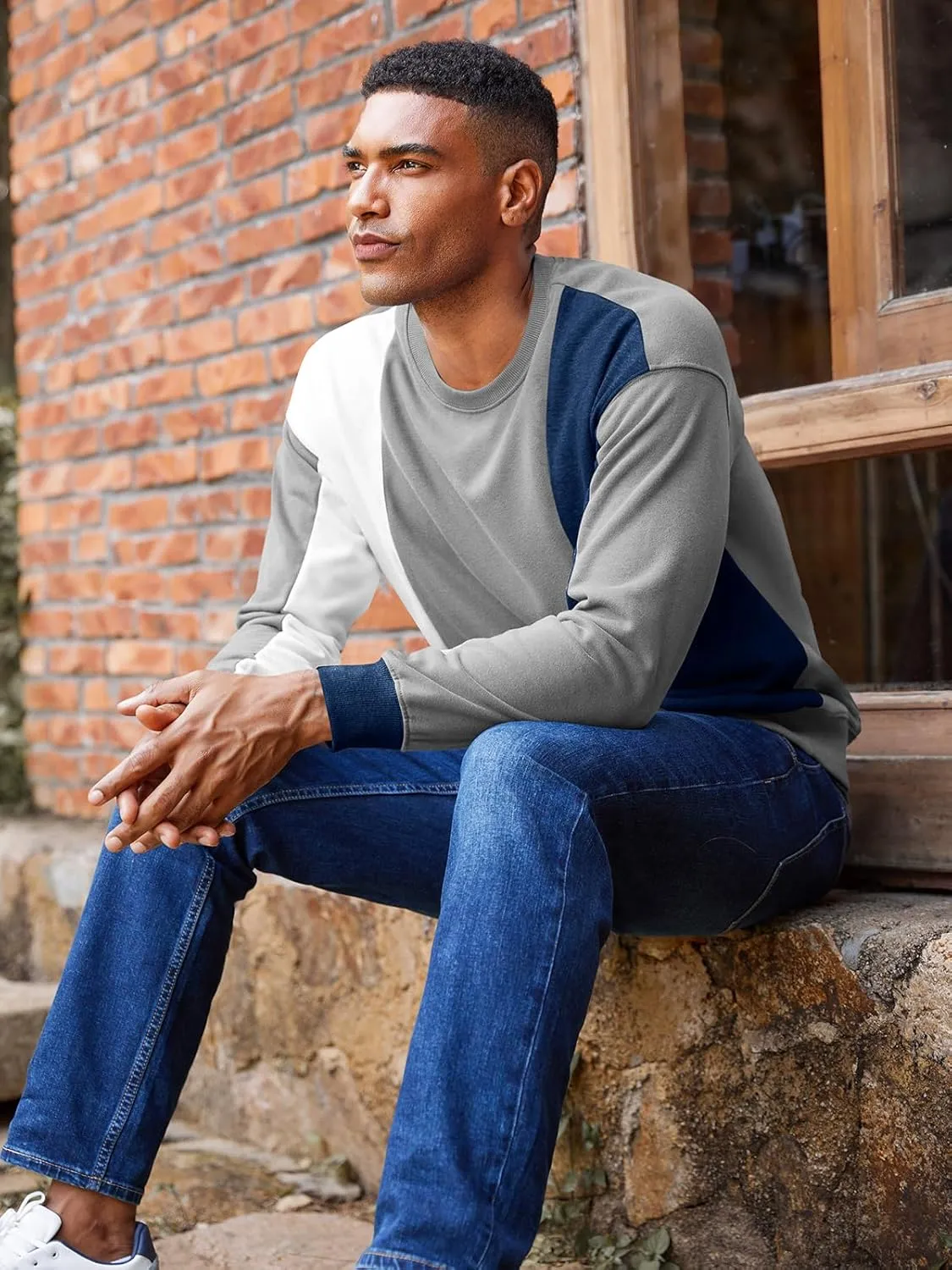 Runcati Mens Color Block Sweatshirt Pullover Crewneck Long Sleeve Fleece Casual Ribbed Patchwork Fall Tops