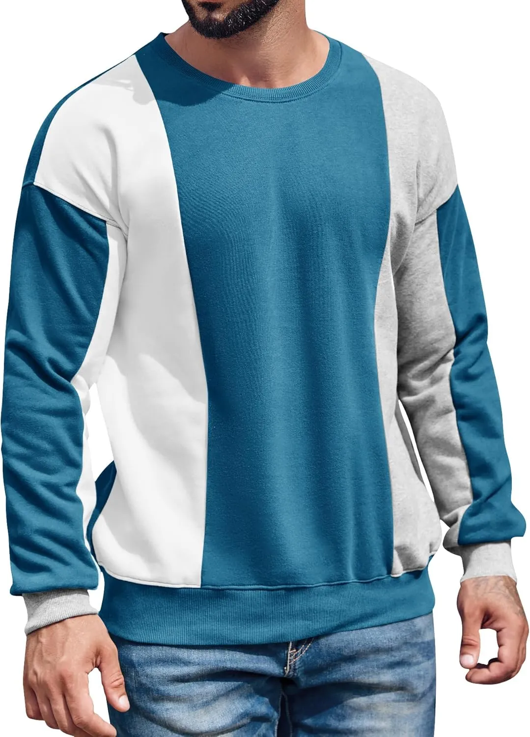 Runcati Mens Color Block Sweatshirt Pullover Crewneck Long Sleeve Fleece Casual Ribbed Patchwork Fall Tops