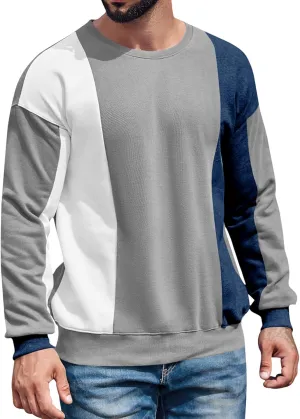 Runcati Mens Color Block Sweatshirt Pullover Crewneck Long Sleeve Fleece Casual Ribbed Patchwork Fall Tops