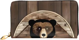 Rustic Lodge Bear Leather Wallet,Long Clutch Purse,Soft Material,Zip Design Anti-Loss Money,12 Bank Card Slots,Lightweight,Waterproof And Durable For The Stylish Girl