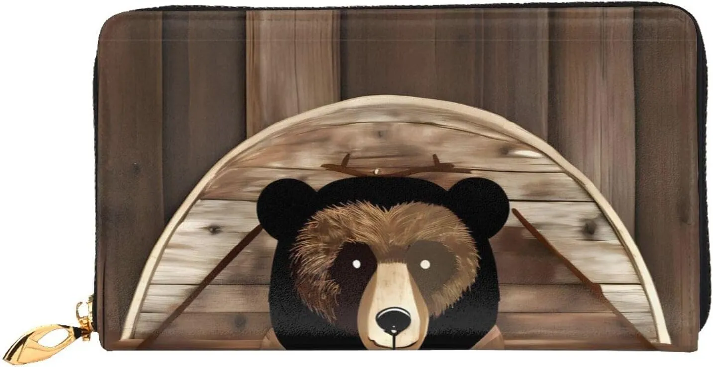 Rustic Lodge Bear Leather Wallet,Long Clutch Purse,Soft Material,Zip Design Anti-Loss Money,12 Bank Card Slots,Lightweight,Waterproof And Durable For The Stylish Girl