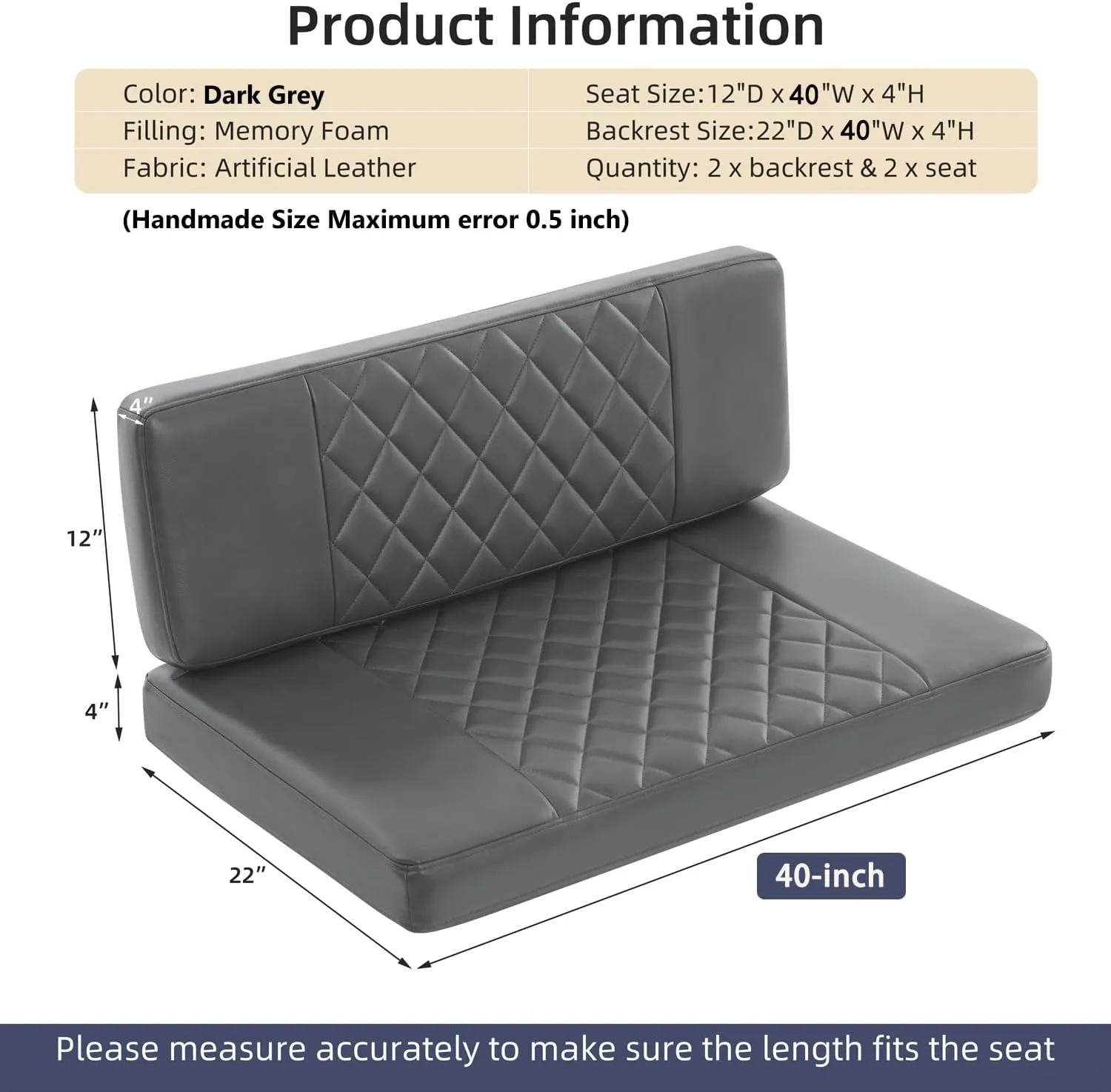 RV Dinette Cushions,2 Sets of PU Leather Replacement Camper Cushions Includes 2 Booth Seats and 2 Backrests for RV,Camper,Trailer Bed (Dark Gray,40")