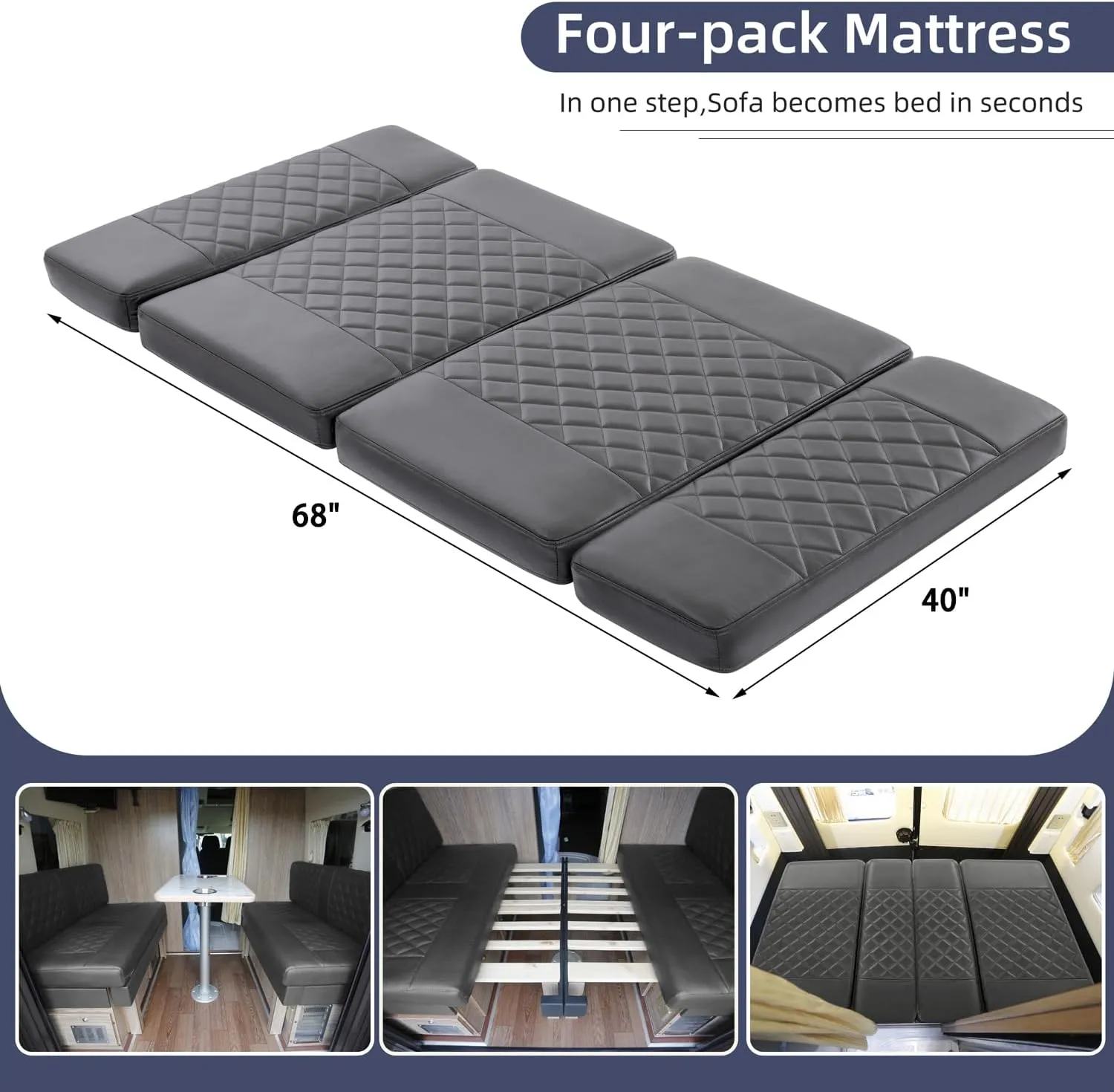 RV Dinette Cushions,2 Sets of PU Leather Replacement Camper Cushions Includes 2 Booth Seats and 2 Backrests for RV,Camper,Trailer Bed (Dark Gray,40")