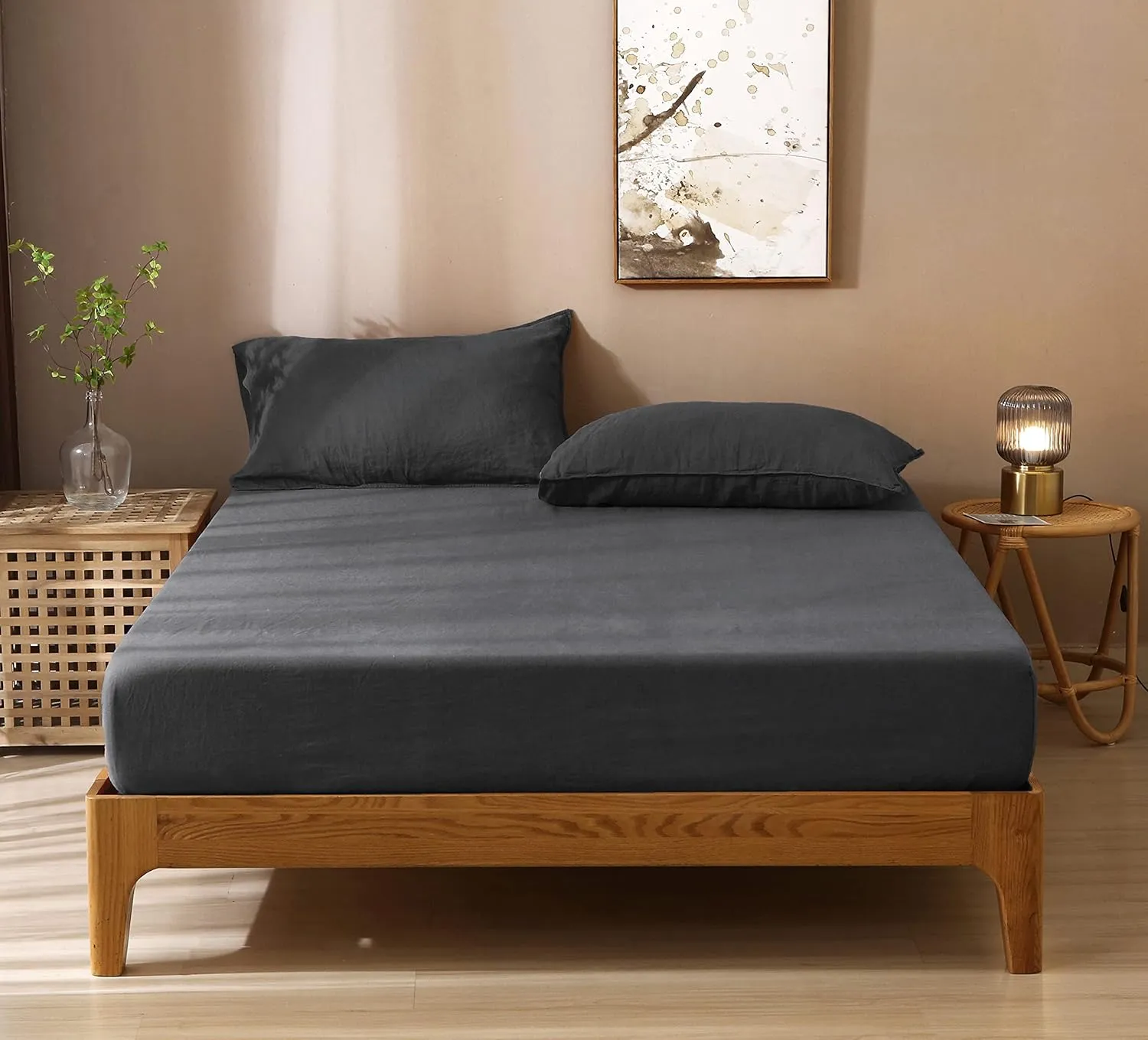 S VICTORY SYMBOL 100% Organic Linen Fitted Sheet Mattress Cover 16inch Deep Pocket,Stone Washed Natural French Flax Bottom Sheet 78"x80"(King,Dark Gray)