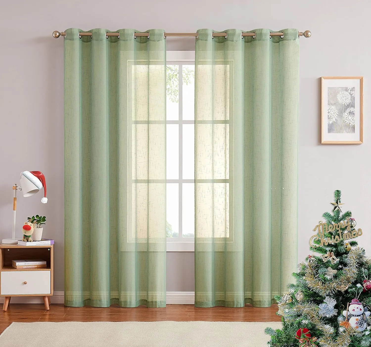 Sage Linen Sheer Curtain Panel Pairs 95 Inches Long with Grommets/Eyelets Rustic Window Treatment Drapery Sets for Living Room Bedroom Farmhouse (Green, 54"x95", 2 Panels)
