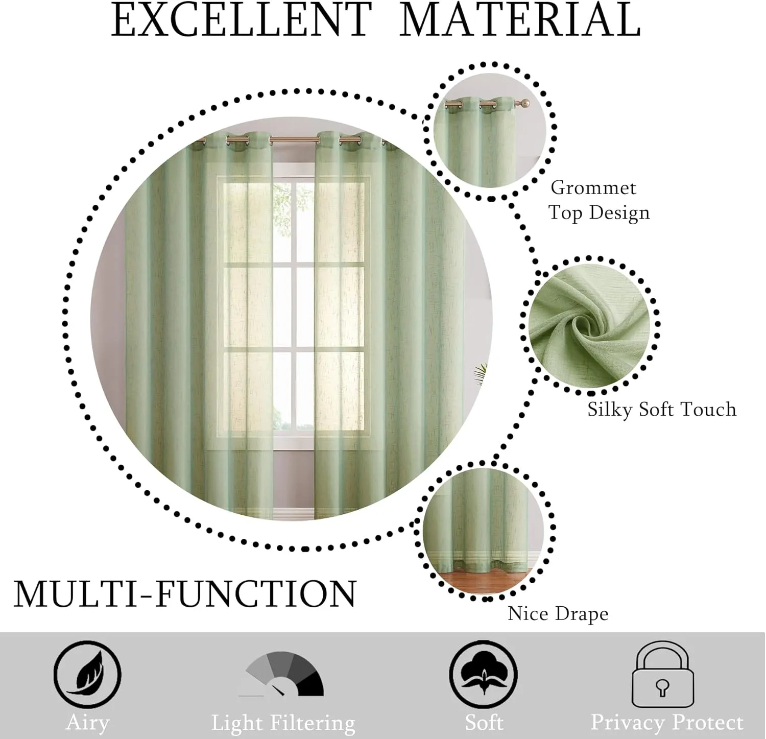 Sage Linen Sheer Curtain Panel Pairs 95 Inches Long with Grommets/Eyelets Rustic Window Treatment Drapery Sets for Living Room Bedroom Farmhouse (Green, 54"x95", 2 Panels)