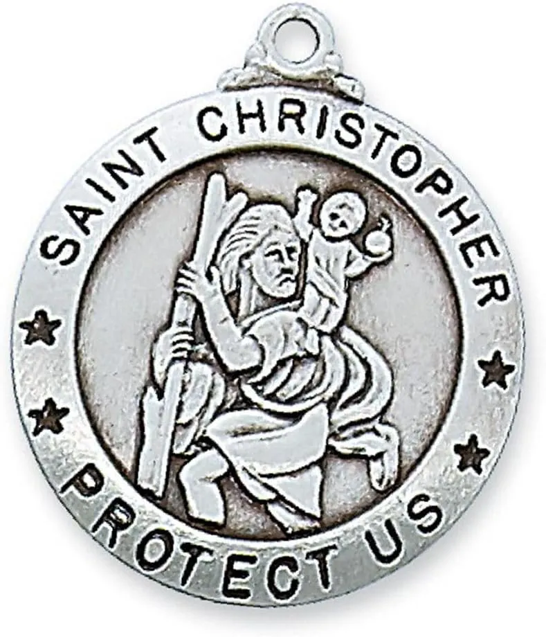Saint Christopher Pandent Sterling Silver 24" Rhodium Plated Catholic Chain NI-9133 Christian Amulet Medal Pendant Religious Protector Jewelry For Men Women Catholic Charm Dangle