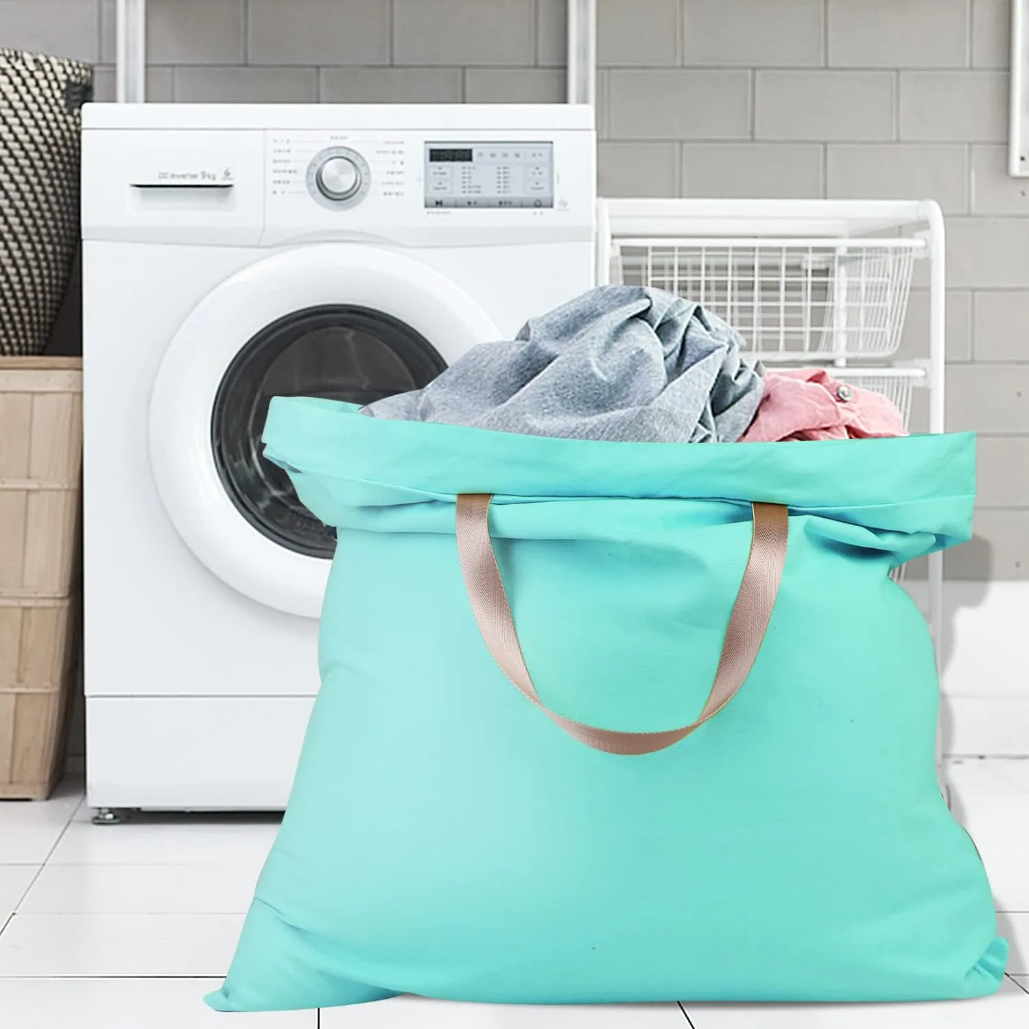 Sanlykate Large Canvas Cotton Laundry Bag with Drawstring & Handles, Heavy Duty Durable Dirty Clothes Organizer, Tear Resistant Hamper Liner Storage Bag, Travel Sack, 25.5 x 34inch - Lake Blue