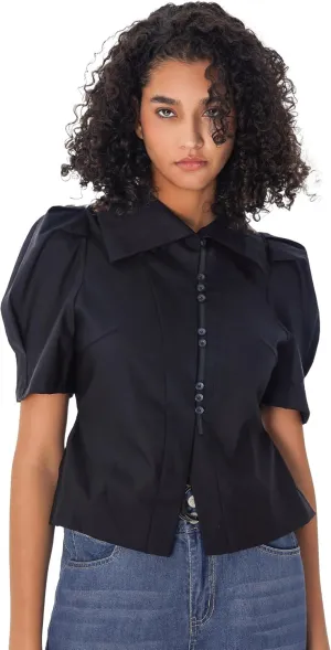 SDEER Women's High Lapel Neck Patchwork Button Down Shirt Puff Bubble Sleeve Slim Fit Vintage Shirt Tee Blouses