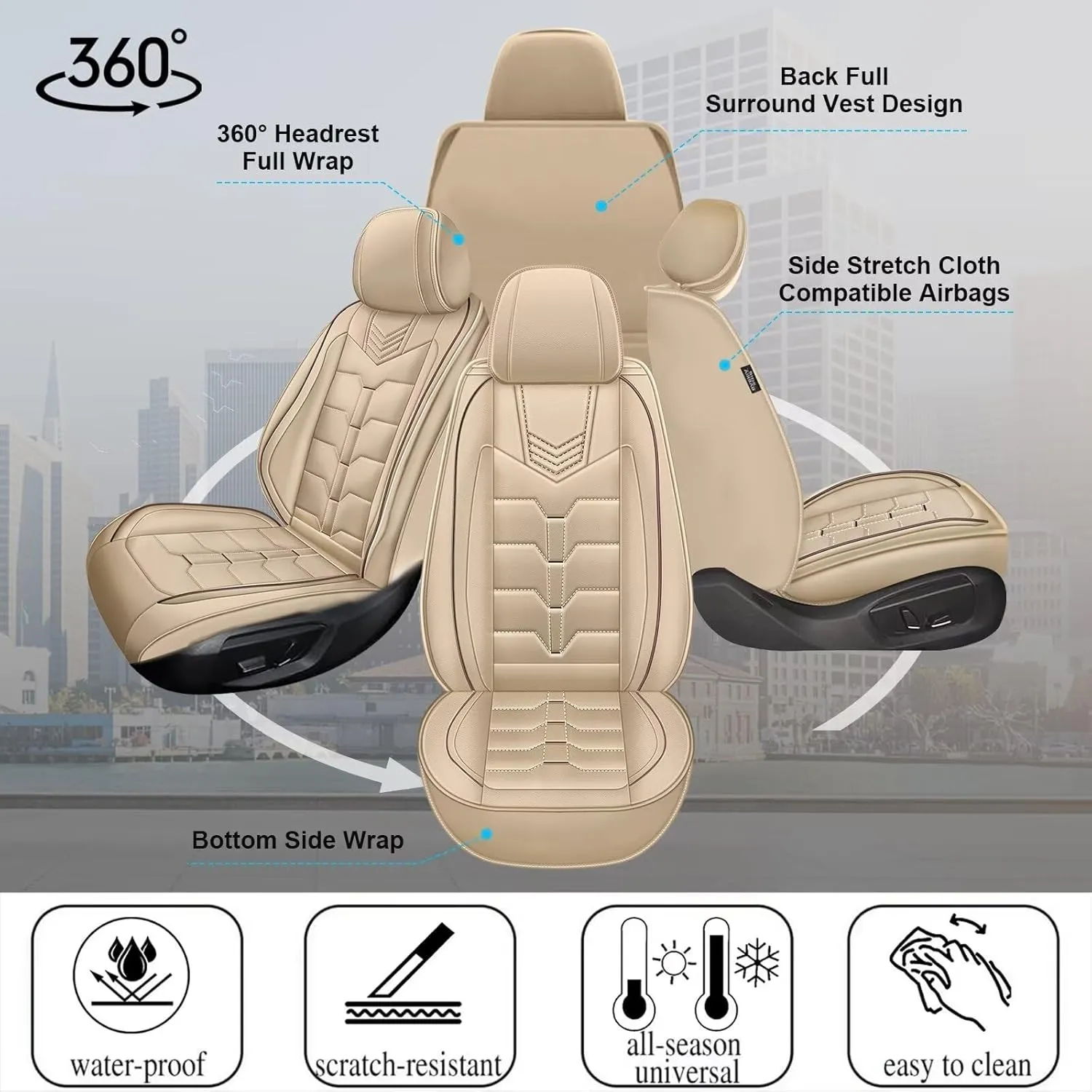 Seat Covers Fit for Lexus ES 350/300h 2007-2025 Full Set Car Seat Cover Faux Leather Seat Cushion Waterproof Auto Protectors(Beige)-2 Rows 5 Seats