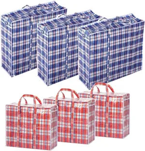 Set of 6 Large & Jumbo Plastic Checkered Laundry Bags with Zipper and Handles for Travel, Laundry, Shopping, Storage, Moving,Size:(27"x23"x5.5") and (19"x19"x4") - Color may vary