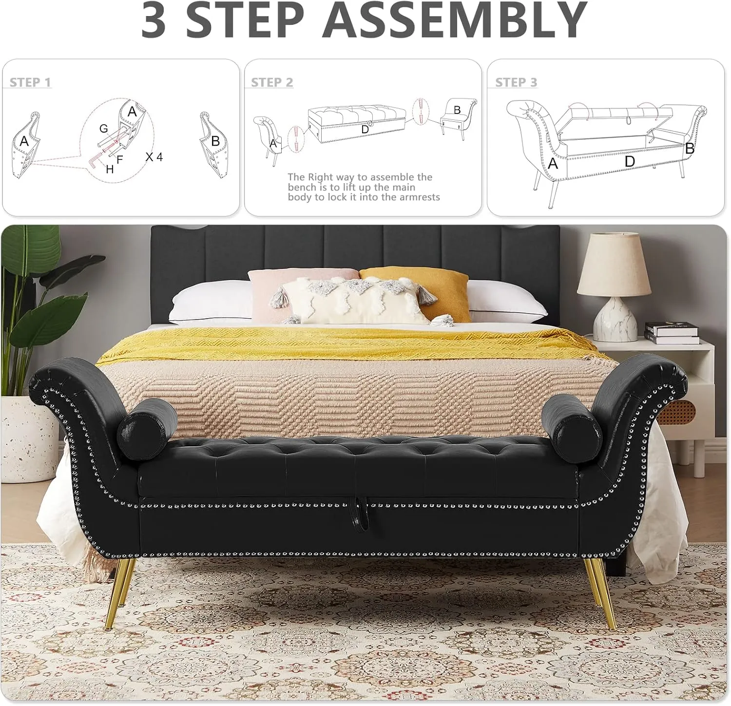 Setawix PU Leather Storage Ottoman Bench End of Bed 66.53" Tufted Rolled Arm Bed Bench with Storage for Bedroom Flared Armed Window Entryway Seating Benches with Golden Metal Legs (Black)