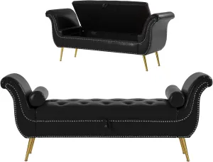 Setawix PU Leather Storage Ottoman Bench End of Bed 66.53" Tufted Rolled Arm Bed Bench with Storage for Bedroom Flared Armed Window Entryway Seating Benches with Golden Metal Legs (Black)