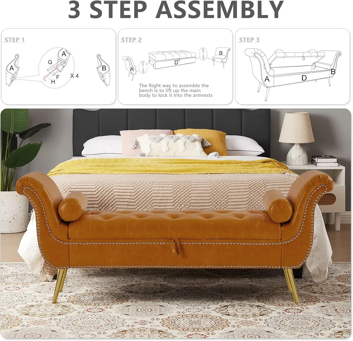 Setawix PU Leather Storage Ottoman Bench End of Bed 66.53" Tufted Rolled Arm Bed Bench with Storage for Bedroom Flared Armed Window Entryway Seating Benches with Golden Metal Legs (Brown)