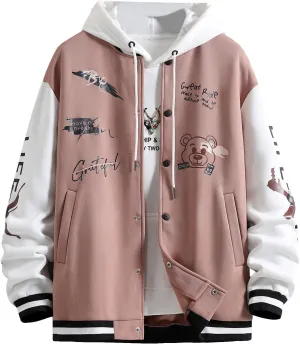 SHENHE Men's Slogan Graphic Button Down Varsity Jacket Baseball Bomber Jackets