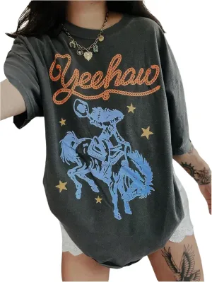SHENHE Women's Oversized Graphic Tees Cowgirl Half Sleeve Drop Shoulder Loose Western Country Shirts Top