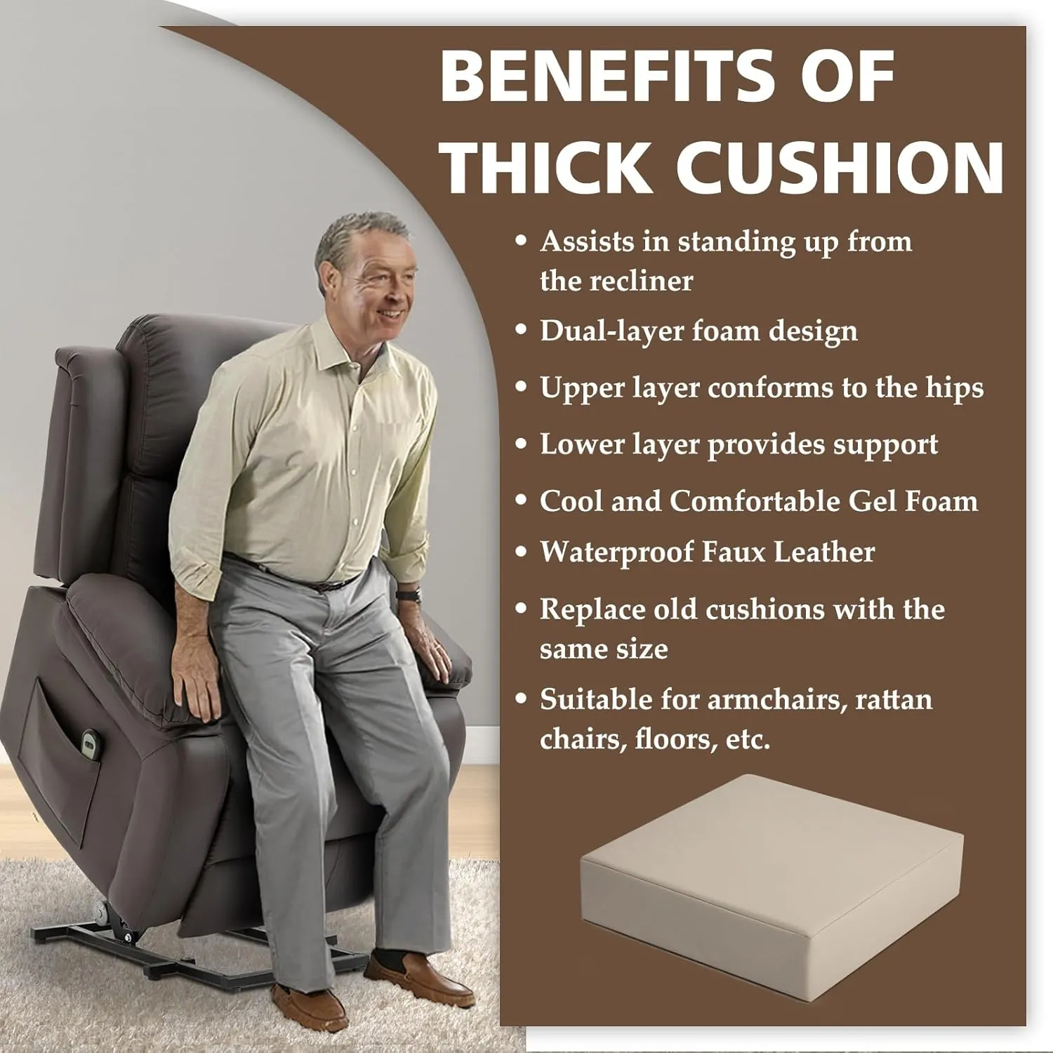 Shinnwa Gel Memory Foam Recliner Cushion for Elderly, Waterproof Faux Leather Seat Cushion, Dual-Layer Foam Chair Pad for Couch, Armchair, Wicker Chairs, Floor, 20 × 20 × 5in, Light Camel