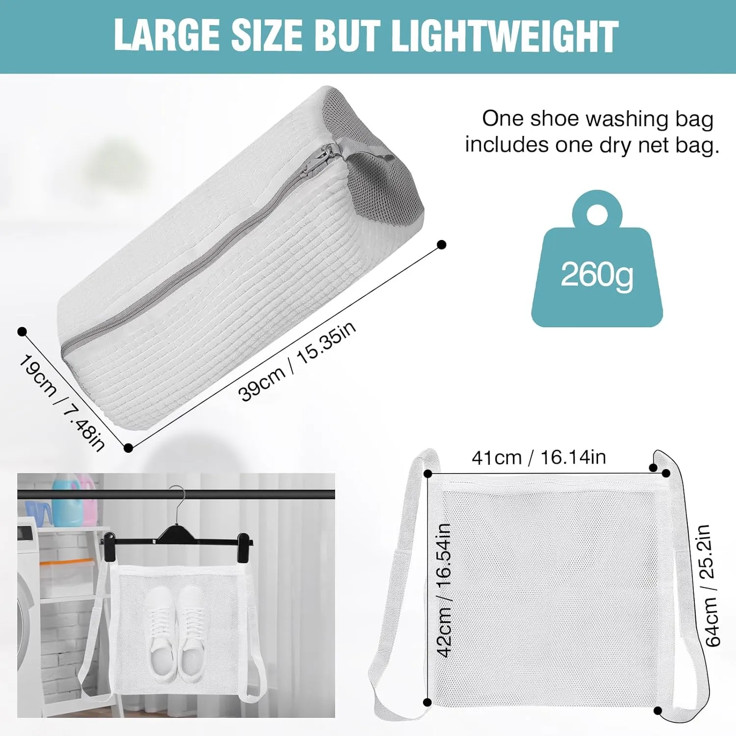 Shoe Washing Machine bag, Shoe Laundry Bag for Washer and Dryer, Include Dry Net Bag, Reusable and Durable Zipper with Hook Design, Shoe Washing Bag for Sneaker (White, 2PCS)