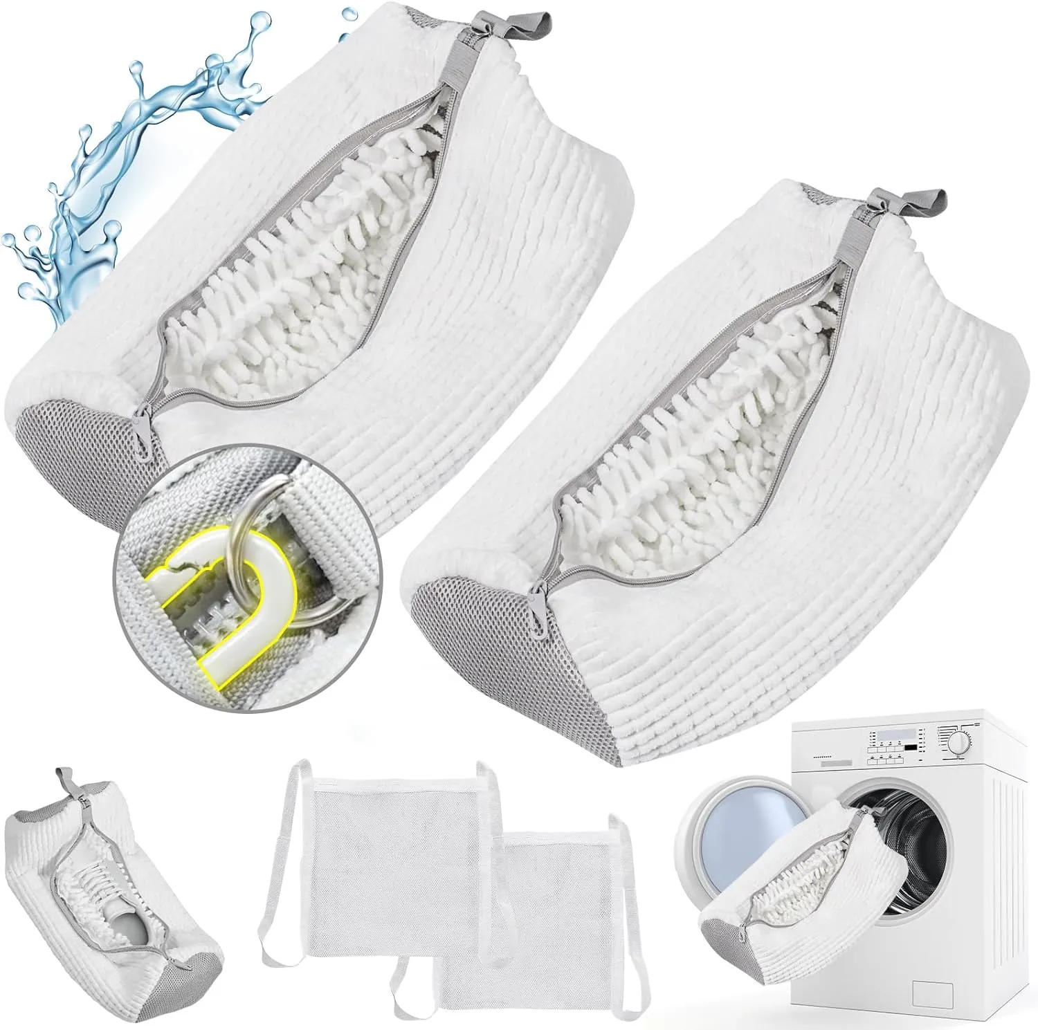 Shoe Washing Machine bag, Shoe Laundry Bag for Washer and Dryer, Include Dry Net Bag, Reusable and Durable Zipper with Hook Design, Shoe Washing Bag for Sneaker (White, 2PCS)