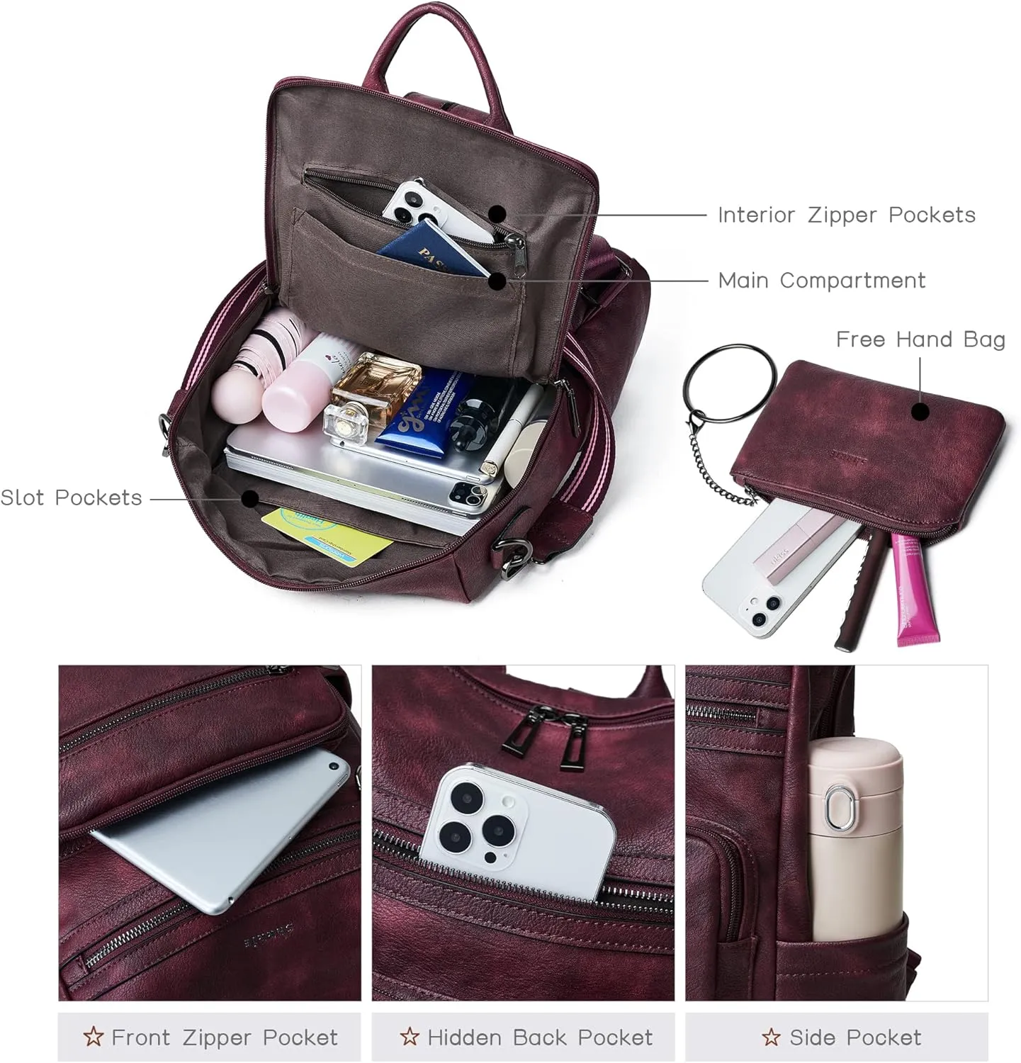 Shrrie Backpack Purse for Women Leather Backpack Fashion Designer Travel Backpack Convertible Shoulder Bag