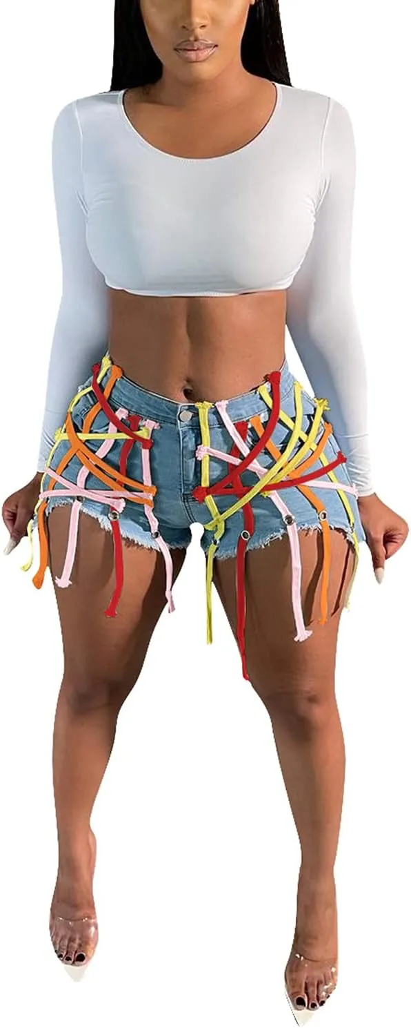 SIAEAMRG Jean Shorts for Women Juniors, Summer High Waisted Stretchy Frayed Raw Hem Tassels Denim Shorts