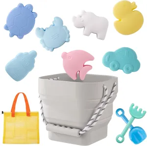 Silicone Beach Toys - Modern Baby Travel Friendly Beach Set | Bucket, Shovel, 7 Sand Molds, Bag | Sand Toys for Toddlers, Kids - 11pc (Light Gray)