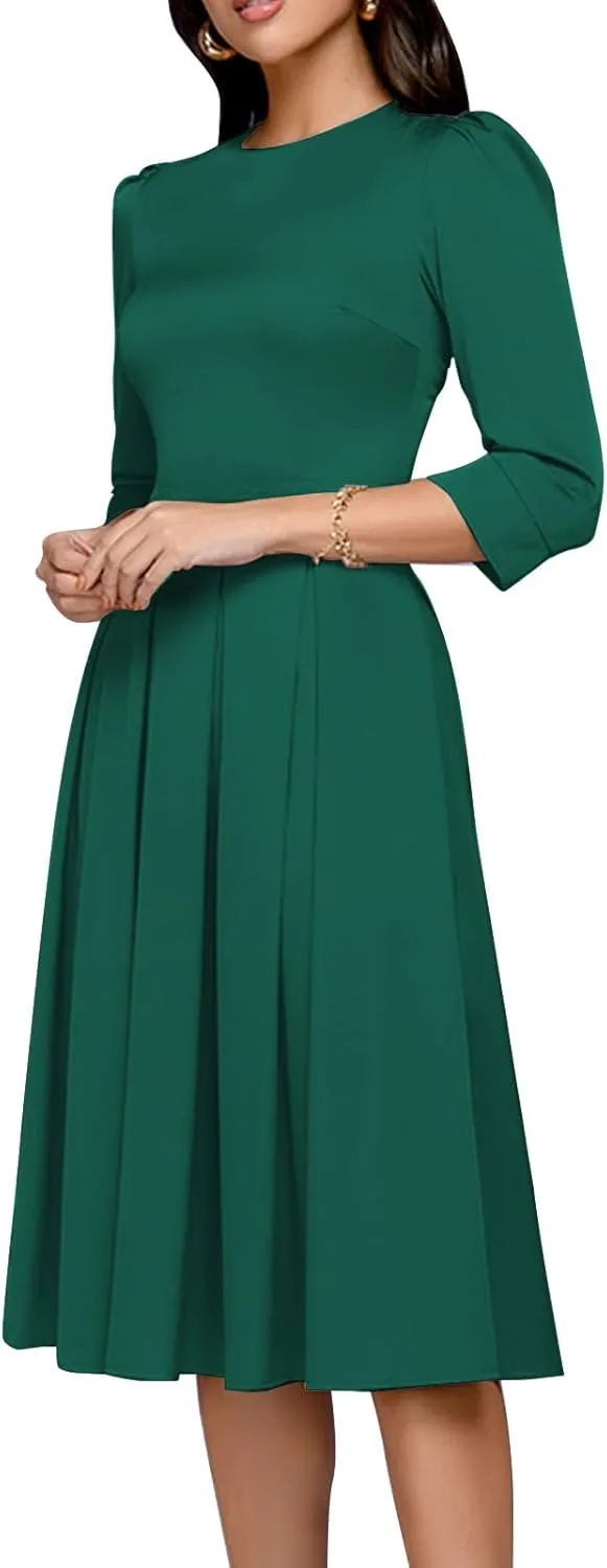 Simple Flavor Women's Floral Vintage Dress Elegant Midi Evening Dress 3/4 Sleeves
