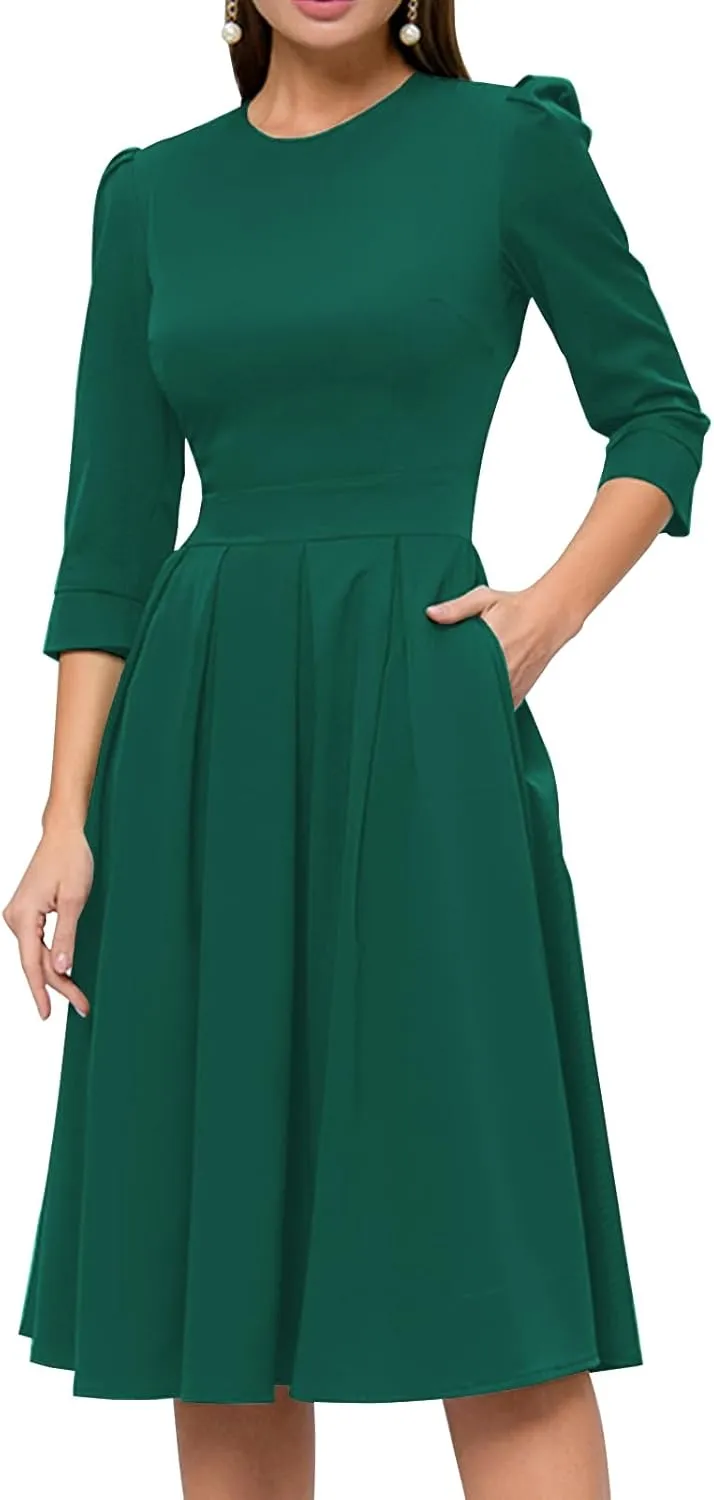 Simple Flavor Women's Floral Vintage Dress Elegant Midi Evening Dress 3/4 Sleeves