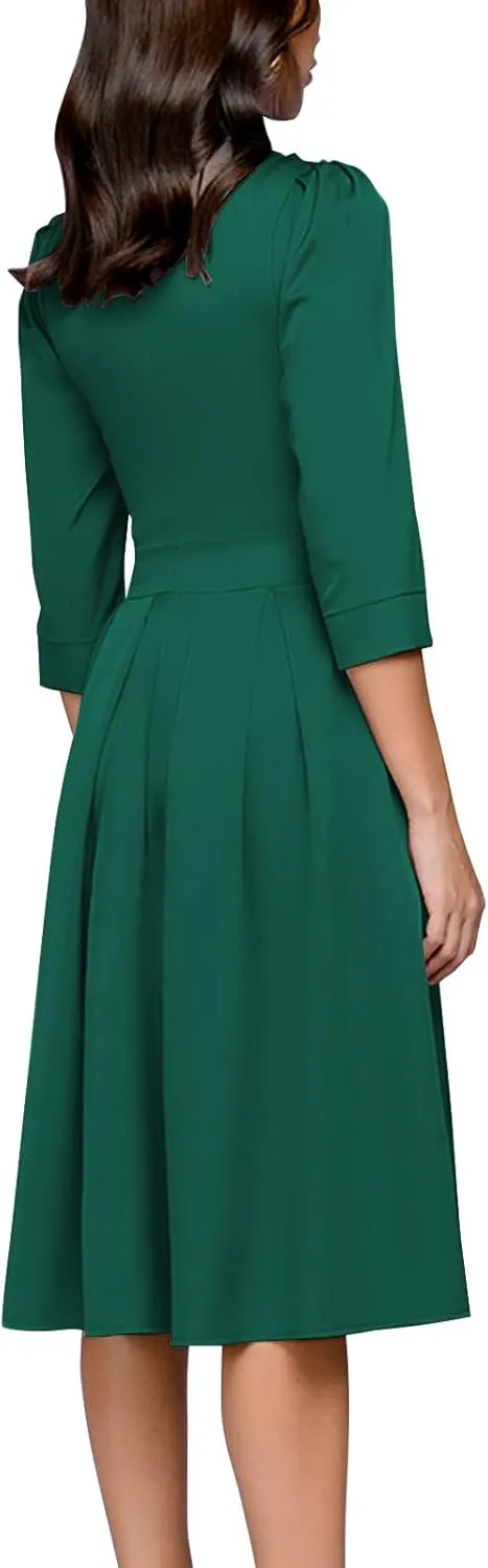 Simple Flavor Women's Floral Vintage Dress Elegant Midi Evening Dress 3/4 Sleeves