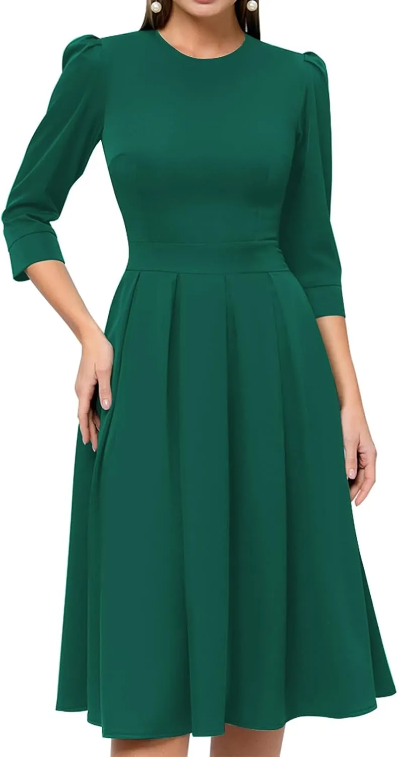 Simple Flavor Women's Floral Vintage Dress Elegant Midi Evening Dress 3/4 Sleeves
