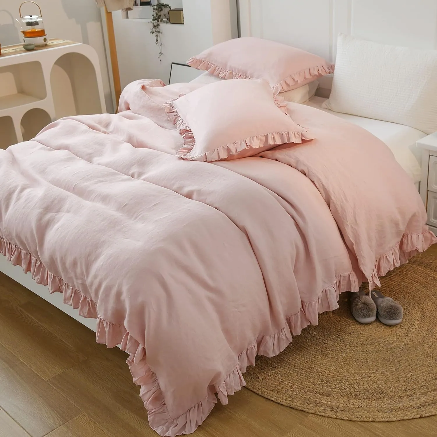 Simple&Opulence 100% Linen Duvet Cover Set, 3 PCS Natural French Flax Blush Pink Ruffle Duvet Cover Full Size, Breathable Comfy Linen Bedding Comforter Cover with 2 Pillowcases (Blush Pink, 78" X 86")