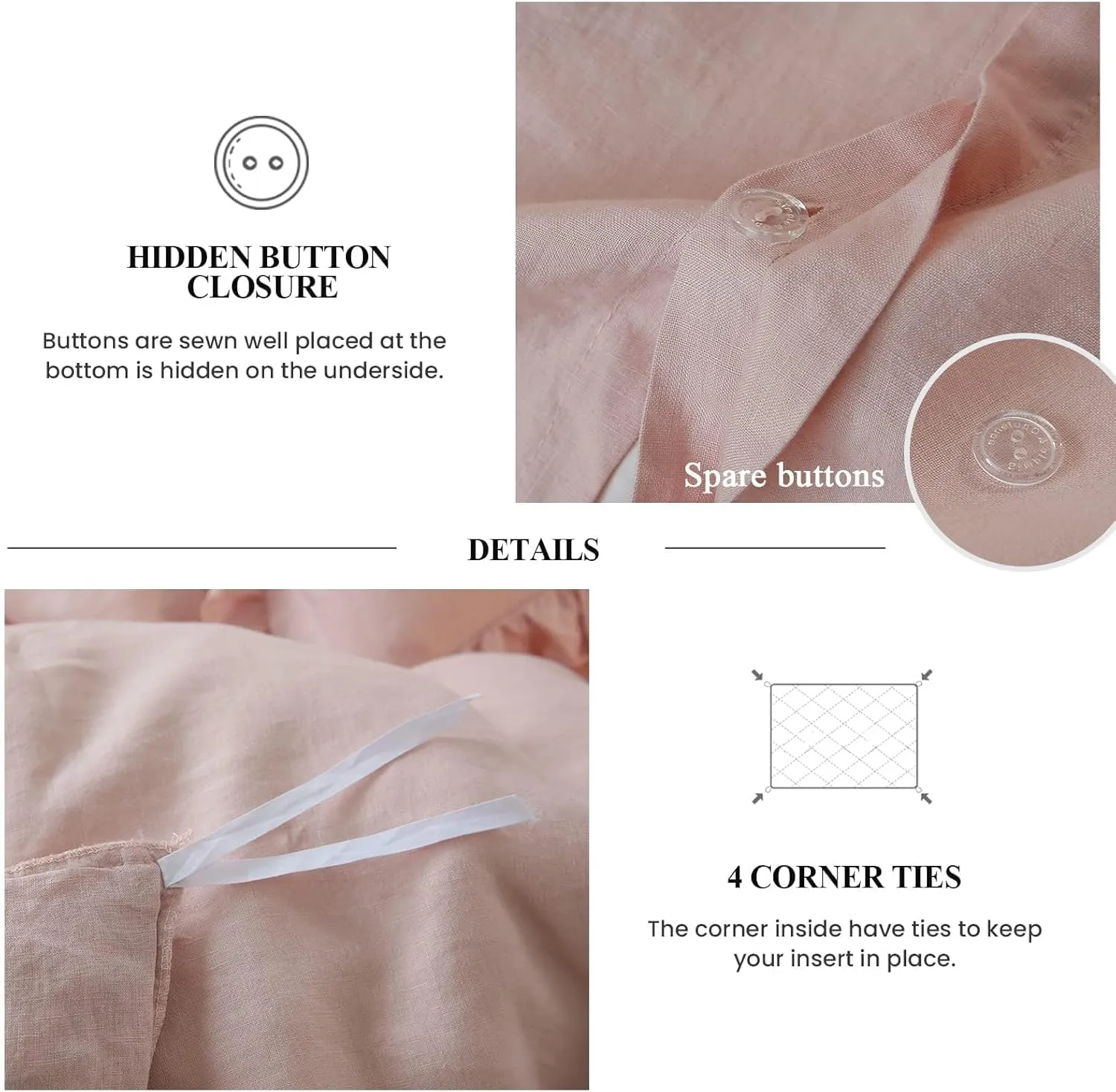 Simple&Opulence 100% Linen Duvet Cover Set, 3 PCS Natural French Flax Blush Pink Ruffle Duvet Cover Full Size, Breathable Comfy Linen Bedding Comforter Cover with 2 Pillowcases (Blush Pink, 78" X 86")