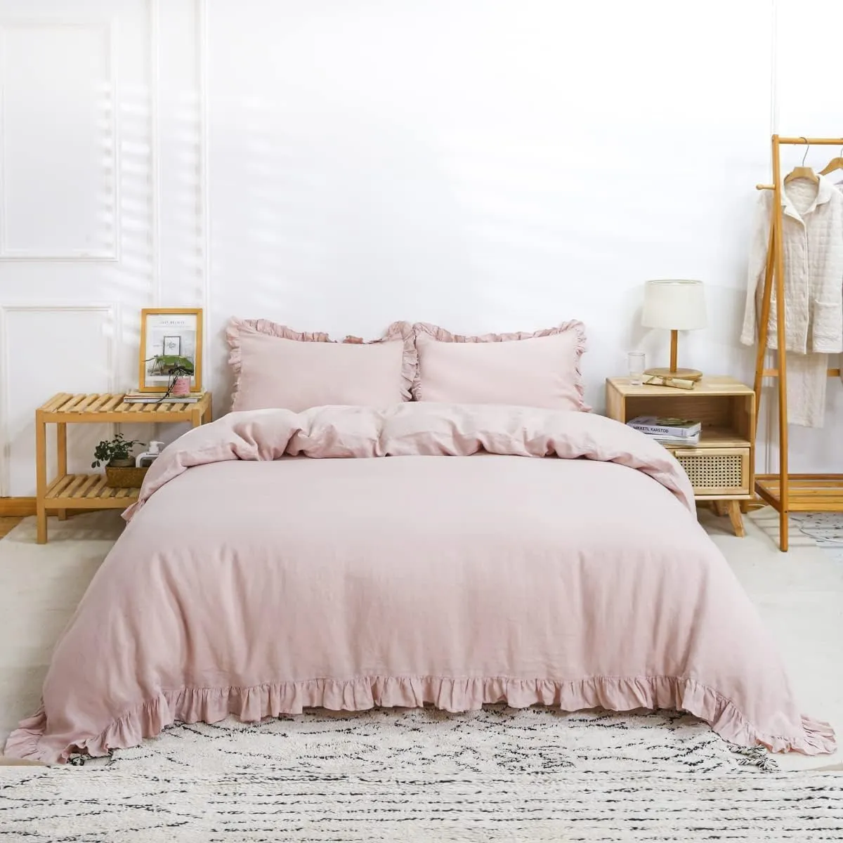 Simple&Opulence 100% Linen Duvet Cover Set, 3 PCS Natural French Flax Blush Pink Ruffle Duvet Cover Full Size, Breathable Comfy Linen Bedding Comforter Cover with 2 Pillowcases (Blush Pink, 78" X 86")