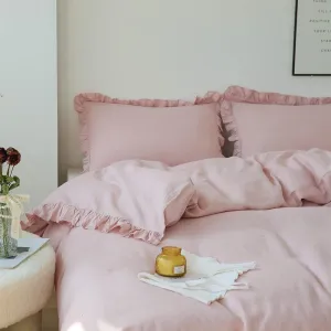 Simple&Opulence 100% Linen Duvet Cover Set, 3 PCS Natural French Flax Blush Pink Ruffle Duvet Cover Full Size, Breathable Comfy Linen Bedding Comforter Cover with 2 Pillowcases (Blush Pink, 78" X 86")