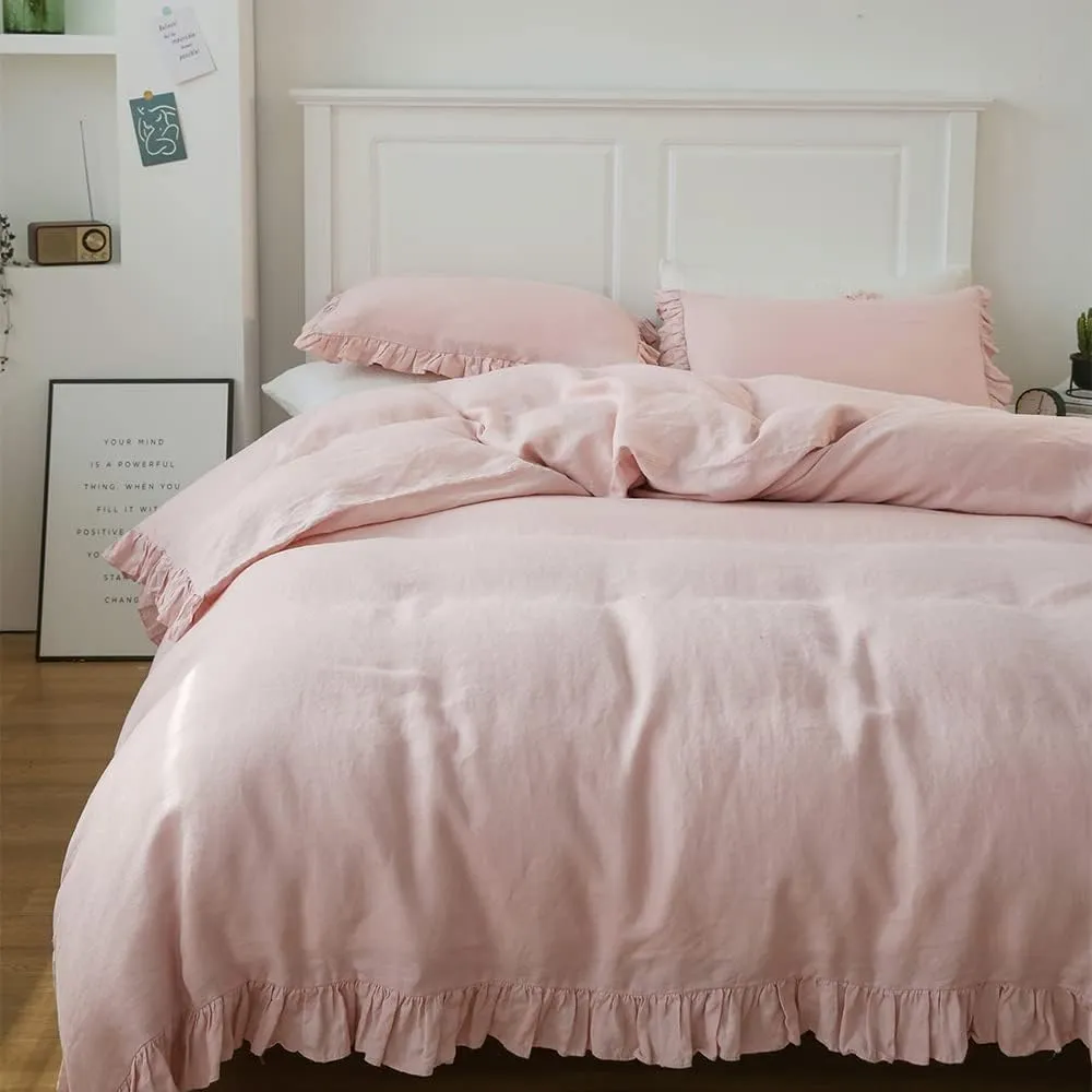 Simple&Opulence 100% Linen Duvet Cover Set, 3 PCS Natural French Flax Blush Pink Ruffle Duvet Cover Full Size, Breathable Comfy Linen Bedding Comforter Cover with 2 Pillowcases (Blush Pink, 78" X 86")