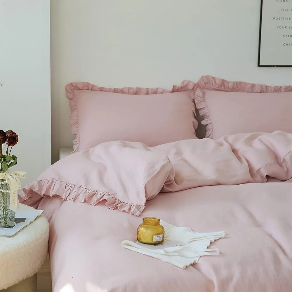 Simple&Opulence 100% Linen Duvet Cover Set, 3 PCS Natural French Flax Blush Pink Ruffle Duvet Cover Full Size, Breathable Comfy Linen Bedding Comforter Cover with 2 Pillowcases (Blush Pink, 78" X 86")