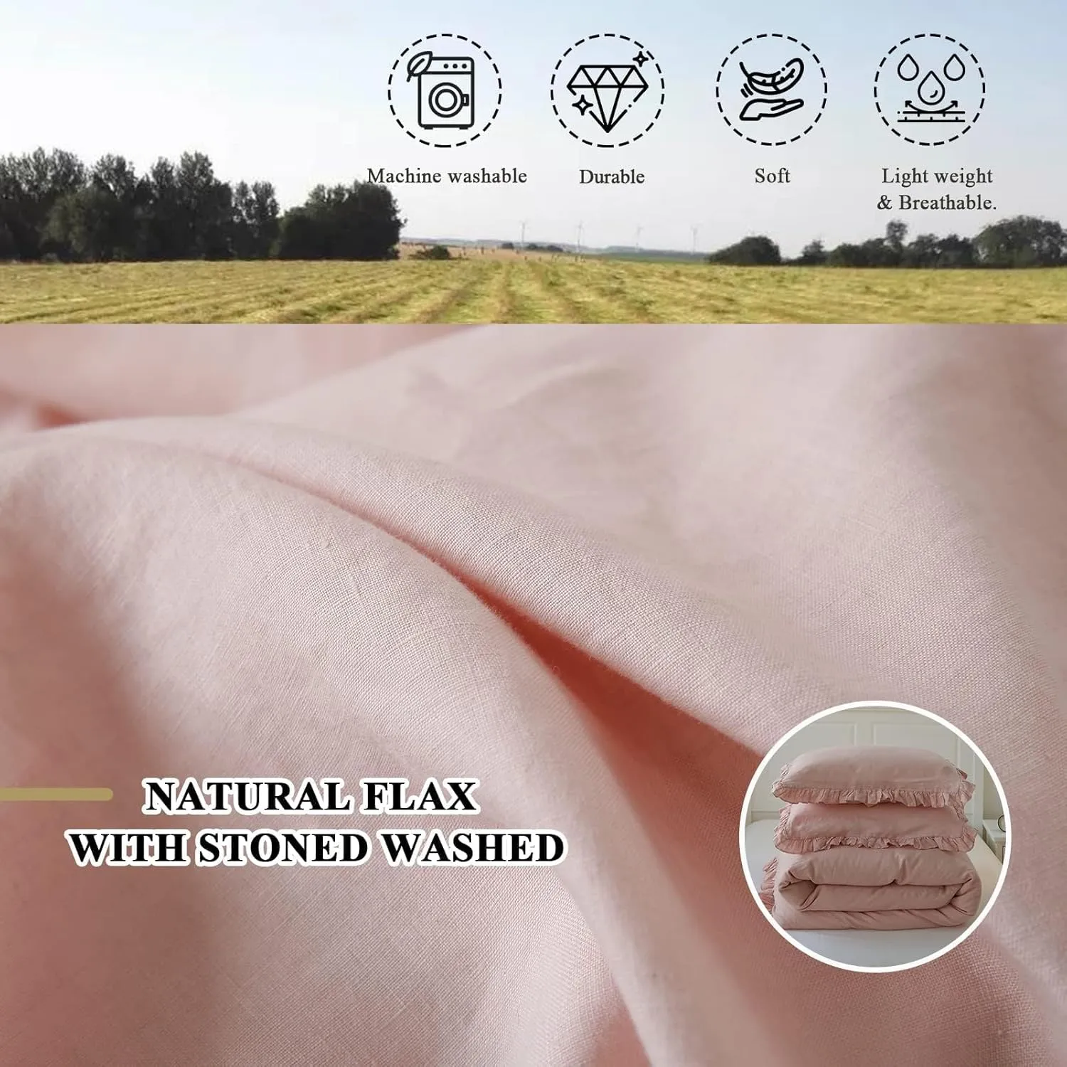 Simple&Opulence 100% Linen Duvet Cover Set, 3 PCS Natural French Flax Blush Pink Ruffle Duvet Cover Full Size, Breathable Comfy Linen Bedding Comforter Cover with 2 Pillowcases (Blush Pink, 78" X 86")